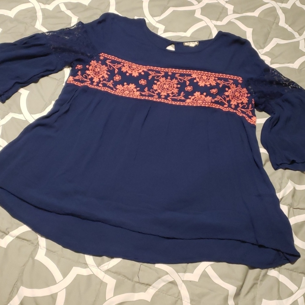 Navy and coral blouse, size L